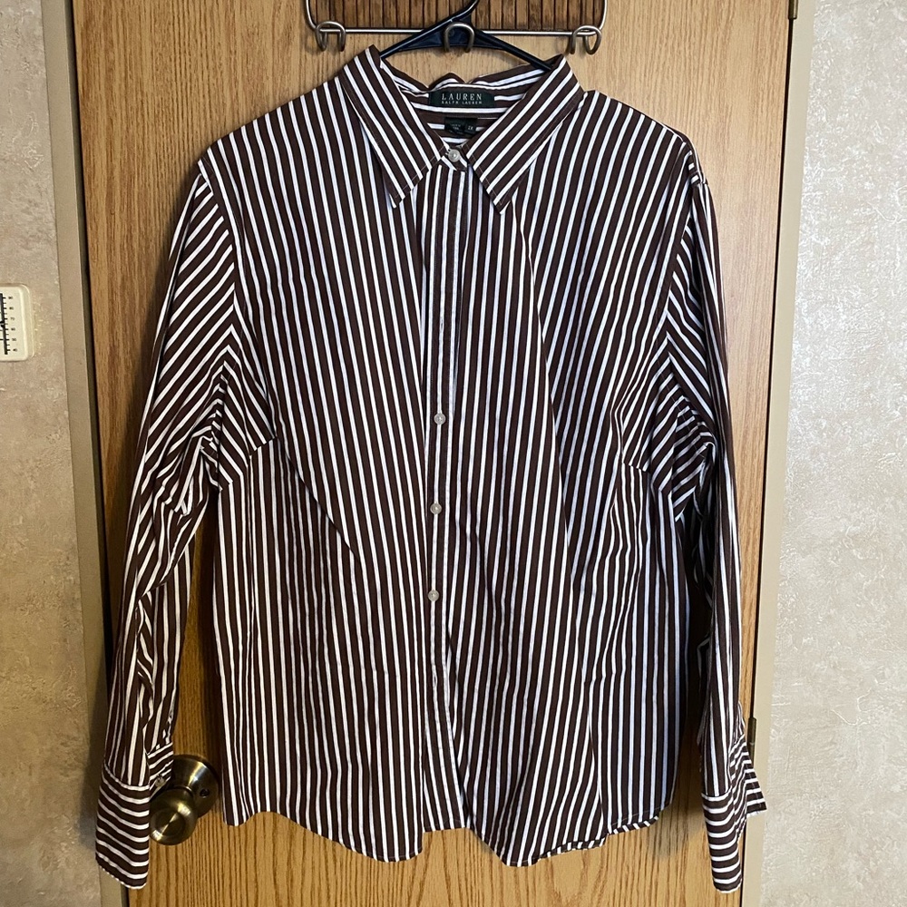 Womens Ralph Lauren button up shirt. Brown stripped. Cute to layer